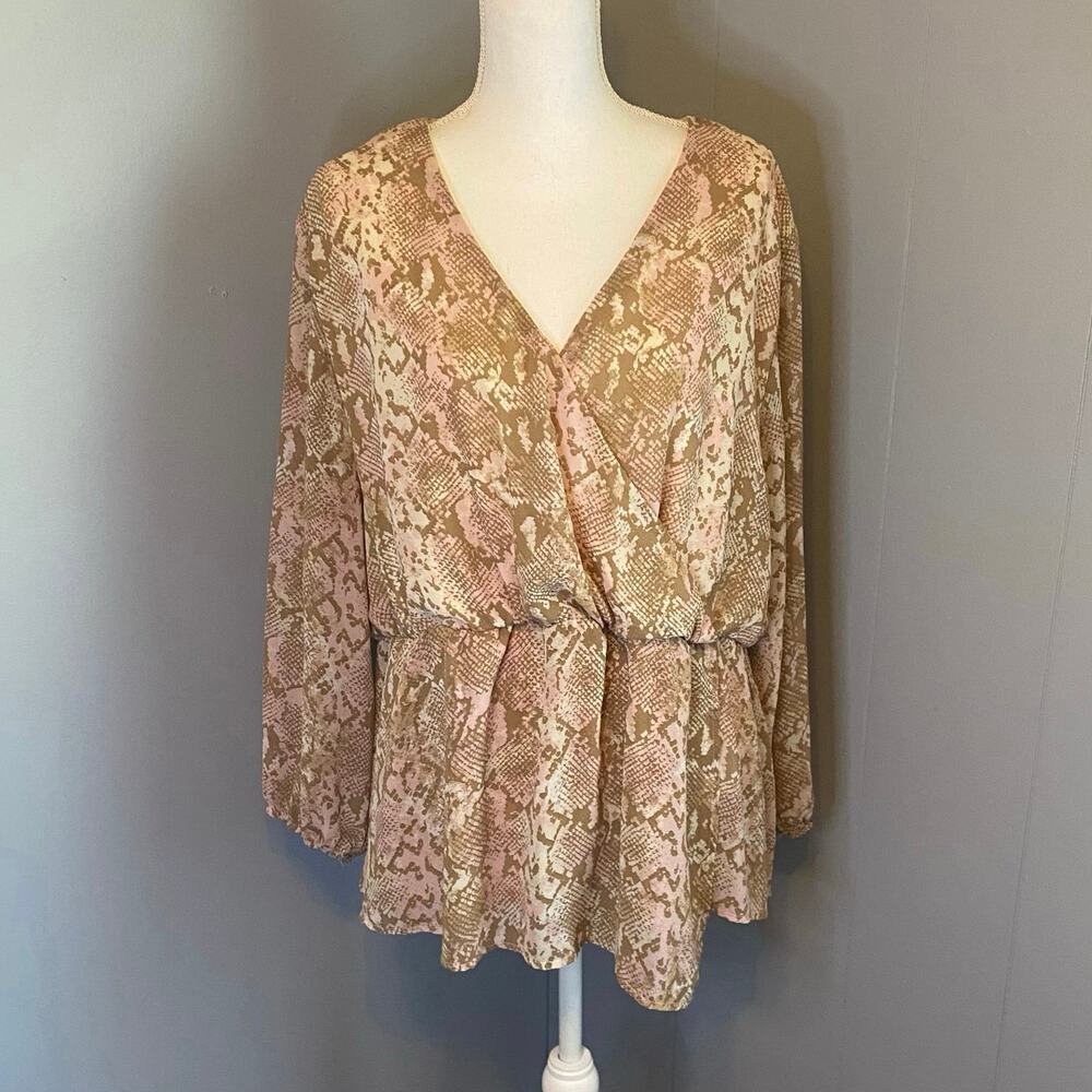 Ophelia Roe V-Neck Tunic Style Faux Wrap Snakeskin Blouse